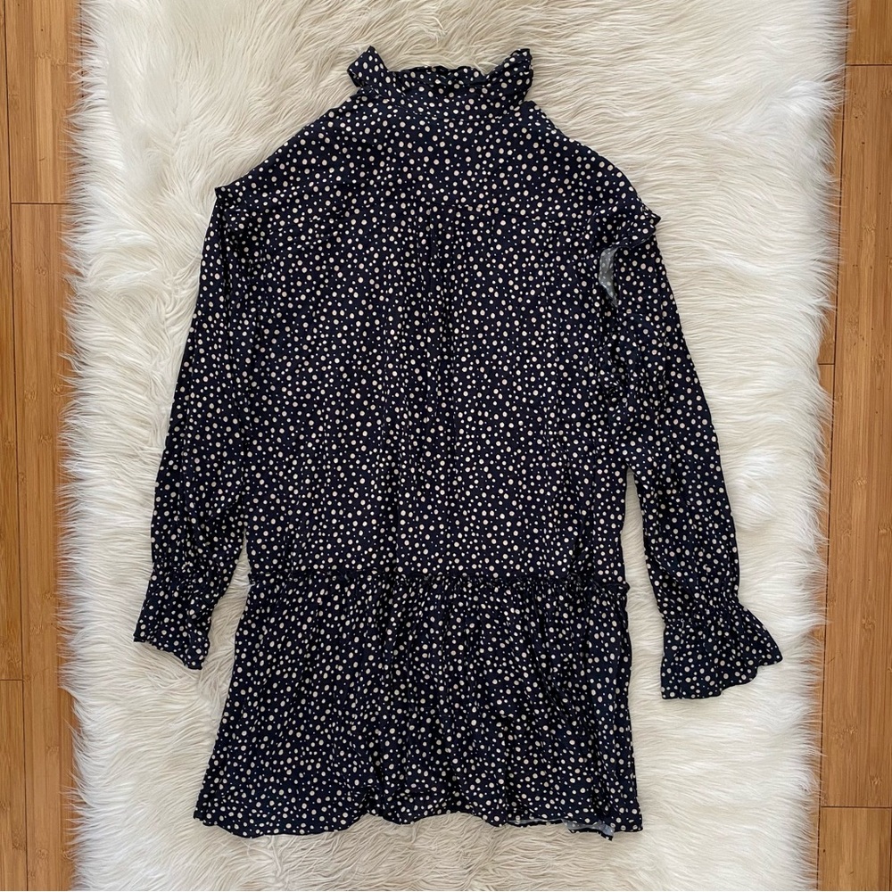 11 Honore Black Tan Scatter Polka Dot Long Sleeve Tie V-Neck Flowy Mini Dress - Picture 6 of 12